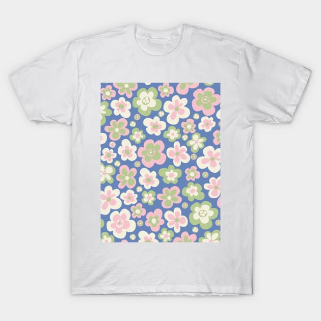 retro florals pattern, 70s groovy flowers, flower market, scandinavian florals, baby pink, baby blue, danish style T-Shirt by blomastudios